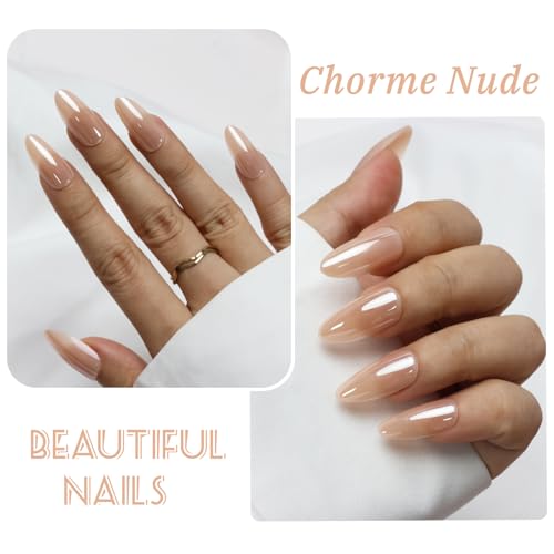 Nude Chrome Press on Nails - Almond Shape, 30 Pcs Reusable
