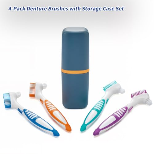 4-Pack Denture Cleaning Brushes with Carrying Case - Double-Sided Heads