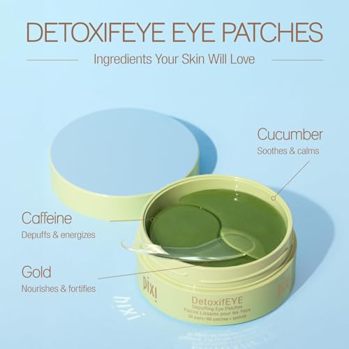 Pixi DetoxifEYE Depuffing Hydrogel Eye Patches with Cucumber, Hyaluronic Acid & Caffeine for Puffy Eyes and Dark Circles | Treats Tired Eyes, Puffiness and Eyebags | Hydrate Eye Area, 60 Patches