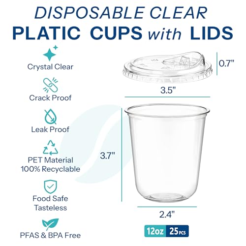 12 oz Clear Plastic Coffee Cups with Strawless Lids - 25 Pack