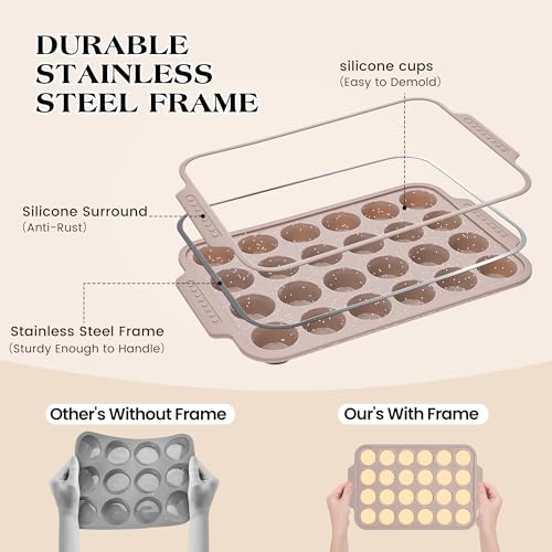 Silicone Muffin Pans Set - 24-Cup Nonstick Baking Tray with Metal Reinforcement