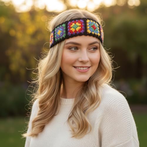 QTMY 3-Pack Crochet Headbands for Women Girls - Boho Floral Hair Wraps, Elastic & Comfortable
