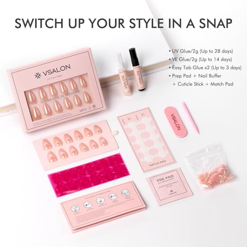 VSALON Short Almond Press On Nails E1-Luster Nude Pink Pearl Chrome