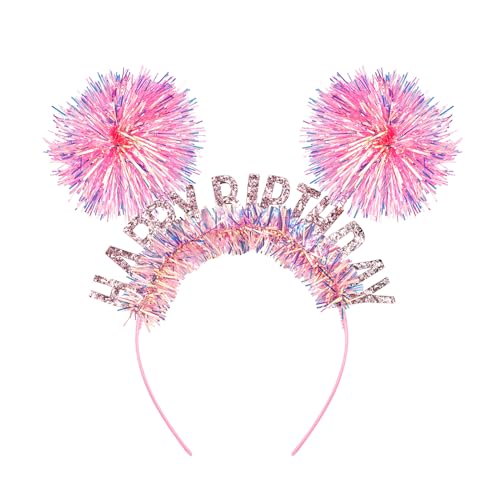 CUBACO Pink Birthday Headband with Pompoms for Women