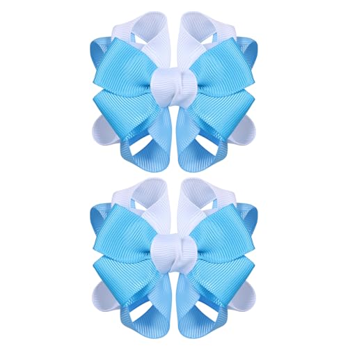 Blue & White Colorful Flower Hair Bow Clips 2.95 Inch Grosgrain Ribbon Hair Accessories for Girls - Handmade Cheer & School Style