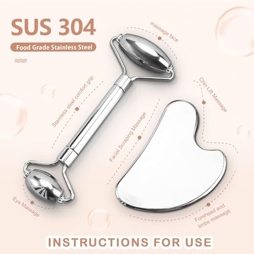 Stainless Steel Facial Roller & Gua Sha Scraping Kit for Anti-Aging