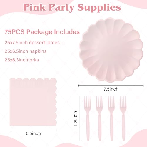 75 Pcs Pink Paper Plates & Napkins Set for 25 Guests - Scalloped Design