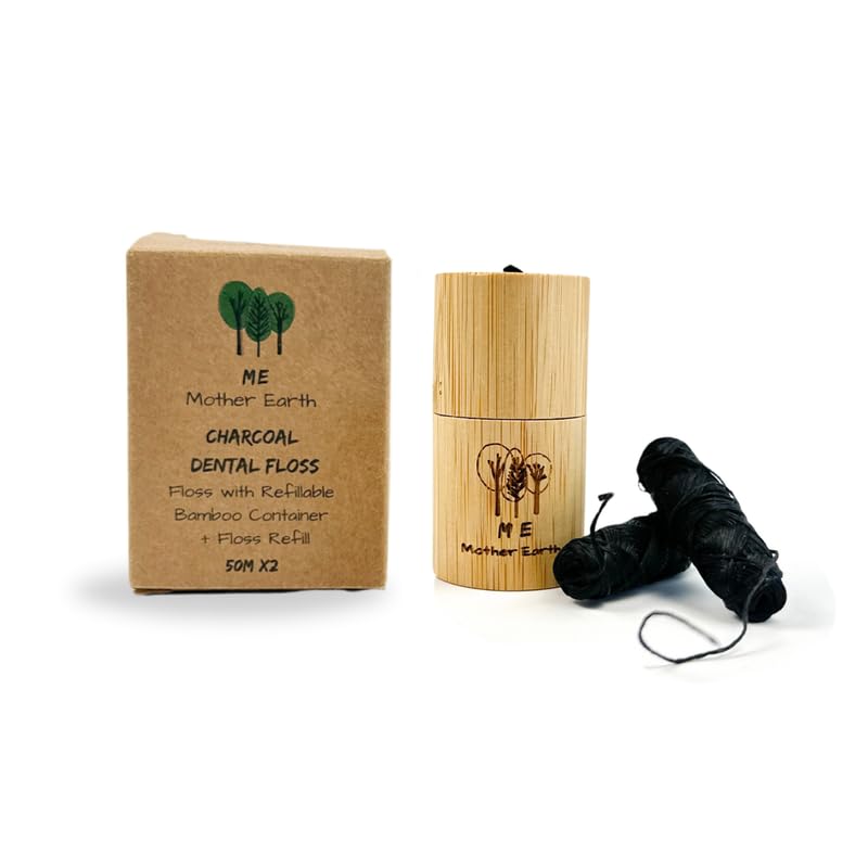 Vegan Bamboo Charcoal Dental Floss with Refillable Container - 100M