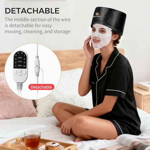 Amzpic Black Thermal Heat Cap for Deep Conditioning - Electric Hair Steamer with 10-Level Temperature Control