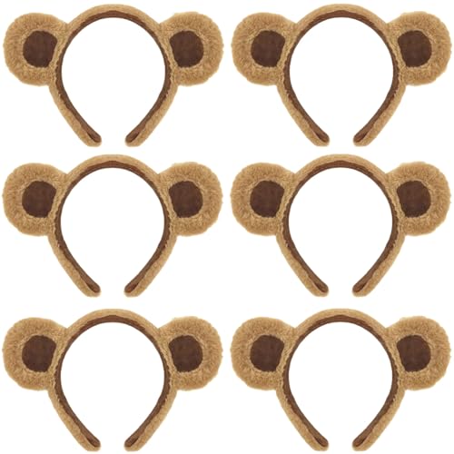 Cute Brown Plush Bear Ears Headbands - 6 Pack for Parties