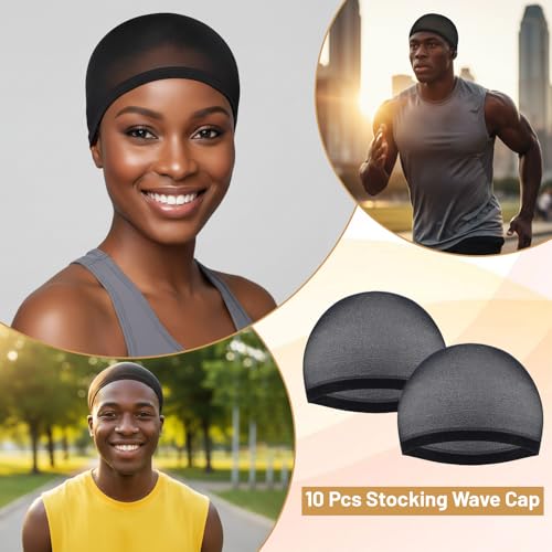 10-Pack Stretchy Wave Caps for Men & Women | Comfortable Black Hairnet