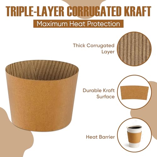 Kraft Paper Coffee Cup Sleeves - Insulated Hot Drink Holders, 100 Pack