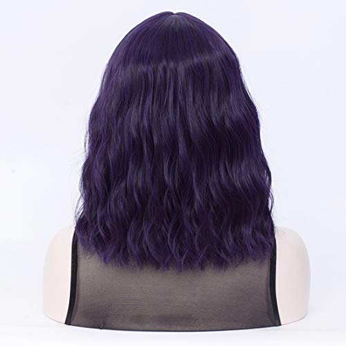 Short Wavy Purple Wig with Bangs - Heat Resistant Synthetic Hair for Costume