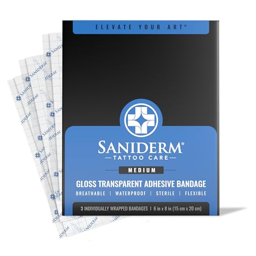 Saniderm Tattoo Aftercare Bandage 3 Sheets (Medium Pack, 6 in x 8 in) ? Convenient, Faster Tattoo Healing and Protection ? Sterile, Waterproof, and Latex-Free