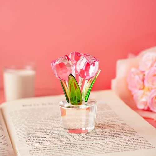 KRISININE Handcrafted Pink Rose Crystal Figurine - 3.2in