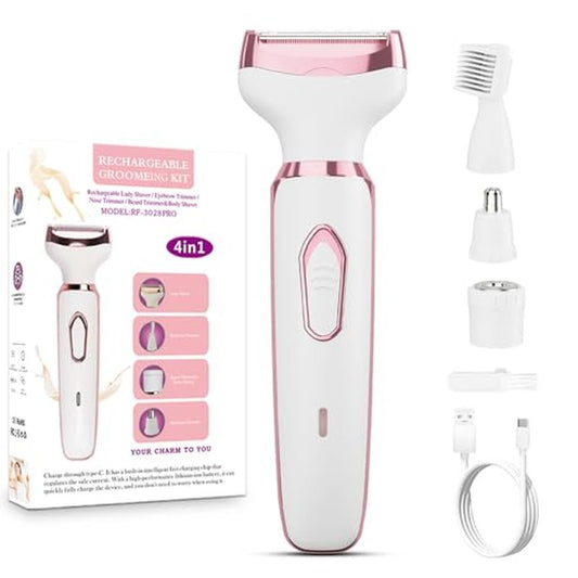 Women's Electric Razor Bikini Trimmer, 4-in-1 Cordless Shaver for Face, Legs, Underarms, Pubic Hair ? Wet/Dry Use, Painless Hair Removal