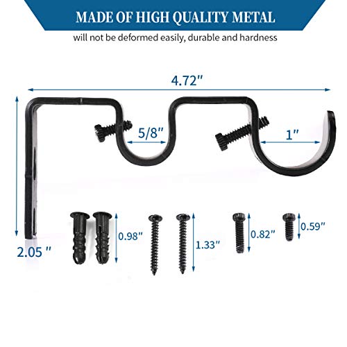 Heavy Duty Double Curtain Rod Brackets - Set of 3, Black