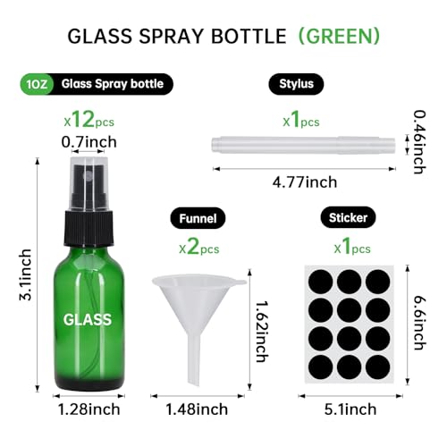12Pcs 1 oz Reusable Glass Spray Bottles - Leak-Proof Fine Mist for Travel & Skin Care