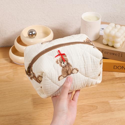 Cute Quilted Cotton Makeup Bag - Small Travel Cosmetic Organizer with Bear & Flower Design