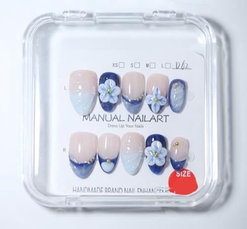 Handmade Short Almond Press-On Nails - 3D Floral Ocean Style (Size XS)