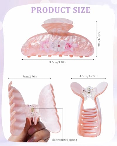 WELROG Floral Print Acrylic Hair Claw Clips - 3 Pack (Pink, Off-White, Purple) | 3.78" Stylish Hair Accessories for Thick Hair