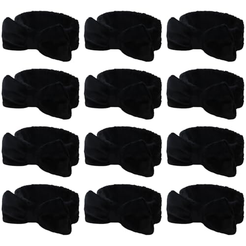 Casoty Black Spa Headbands 12-Pack - Soft Coral Fleece Hair & Face Wash Bands for Yoga & Skin Care