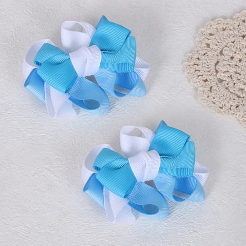 Blue & White Colorful Flower Hair Bow Clips 2.95 Inch Grosgrain Ribbon Hair Accessories for Girls - Handmade Cheer & School Style