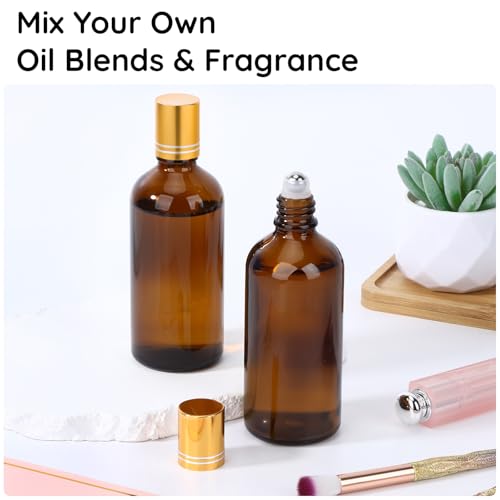 Segbeauty Amber Gold Glass Roller Bottles 3.4oz/100ml - 5 Pack for Essential Oils & Perfume