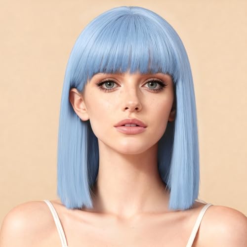 Sky Blue Short Bob Wig for Women 12 Inch Heat-Resistant Synthetic Hair for Daily & Party Use