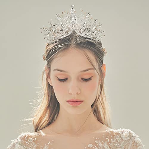 Silver Baroque Queen Crown Tiara for Women - Handmade Crystal Headband
