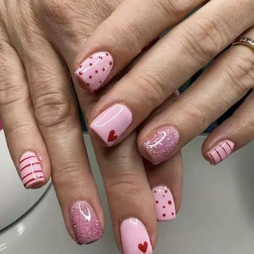 Pink Glitter Heart Valentines Press On Nails Short Square 24Pcs with Red Dots & Stripes - Model: Pink Glitter Heart-26