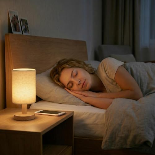 USB Powered Minimalist Bedside Table Lamp with Wood Base & Fabric Shade
