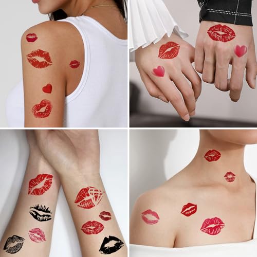 Metuu Lip Tattoo - 12 Sheets Lip Kiss Print Temporary Tattoos Waterproof for Adults & Kids - Valentines Heart Kiss Stickers