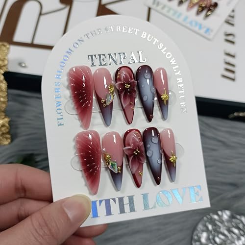 TENPAL Long Stiletto Press-On Nails S Wine Brown French 3D Floral Teardrop