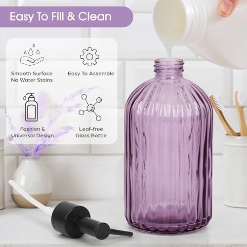 Topsky 2 Pack Purple Glass Soap Dispensers with Black Plastic Pump, 400ml Liquid Hand Soap Dispenser for Kitchen & Bathroom