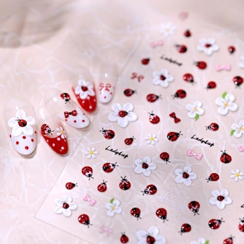 5D Floral Ladybug Nail Art Stickers - Embossed Decals for Women