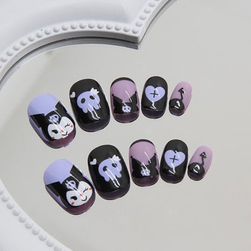 24PCS Black Rabbit Short Press On Nails - Kawaii Anime Design