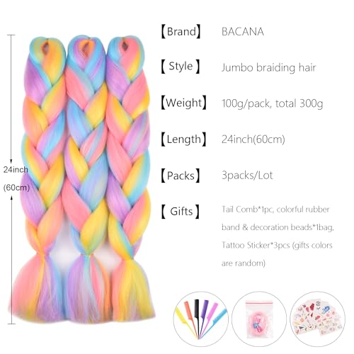BACANA Ombre Rainbow Braiding Hair Mix Candy Colors 24 Inches Synthetic Extensions