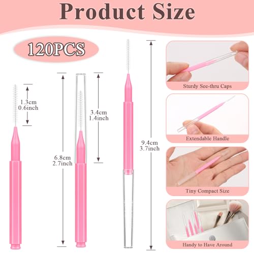 MAPVOLUT Pink 120pcs Micro Eyelash & Brow Brush Set with Cap for Makeup & Lamination
