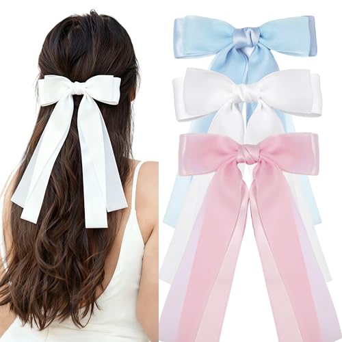 GiLi 3PCS Colorful Hair Bows for Women Girls - White Blue Pink Ribbon Clips