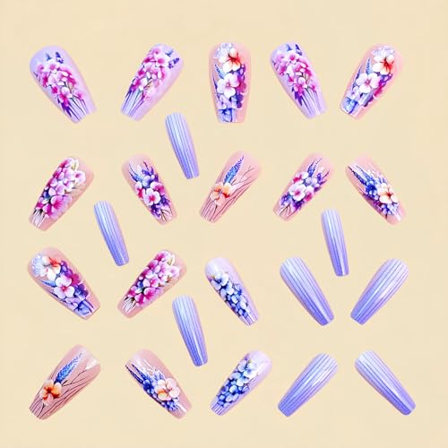 Coffin Press On Nails Medium with Flower Lines – YOJIATOP Floral Pink 24Pcs (Variation: Flower Lines Floral)