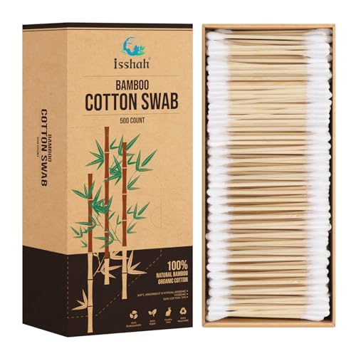 Isshah Double Tips Bamboo Cotton Swabs - 500 Count - FSC Certified | PETA approved bamboo cotton swabs. Plastic free, eco friendly, 100% biodegradable organic cotton. Double tipped design.
