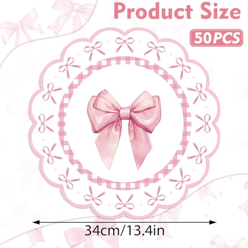 50 Pink Bow Disposable Paper Placemats - 13.4 Inch Round Table Mats for Parties