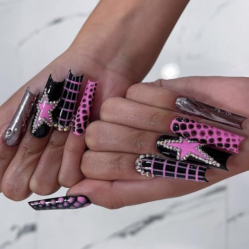 FIEONCIY Star Rhinestone Press On Coffin Nails - Glossy Full Cover Square Fake Manicure