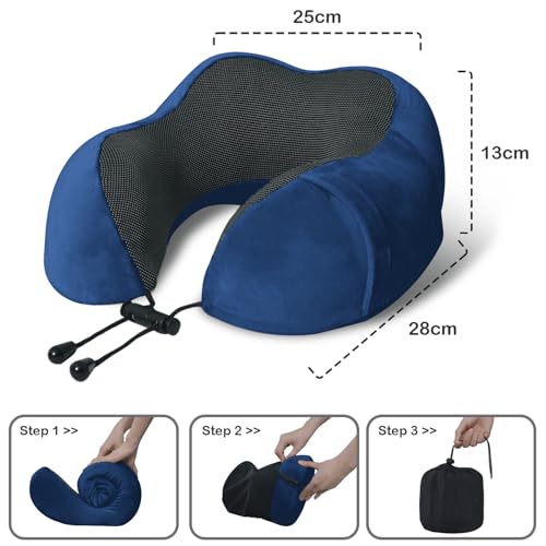 Elvodosia Memory Foam Travel Neck Pillow with Eye Mask & Earplugs - Blue
