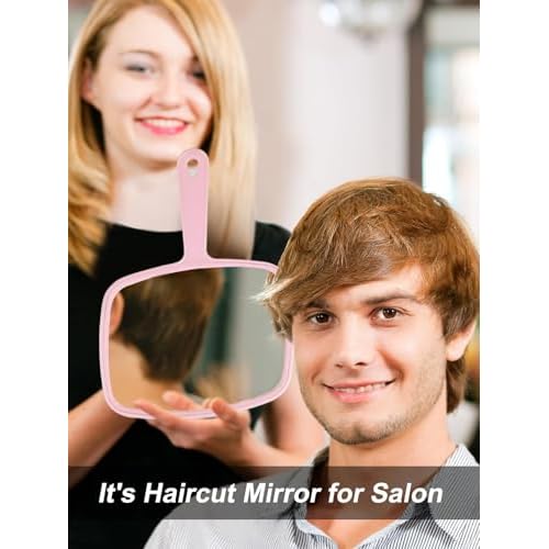 Gladmart Hand Mirror Salon Barber Hairdressing Handheld Mirror with Handle (Square Pink 7.4 x 10.3 inches)