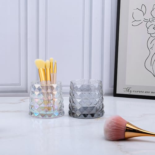 DASITON Glass Makeup Brush Holder, Amber Diamond Pattern Vanity Organizer