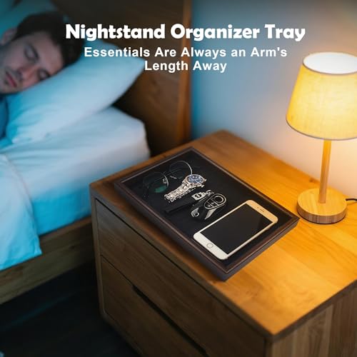 Wooden Valet Tray with Leather Base - Nightstand Organizer for Essentials