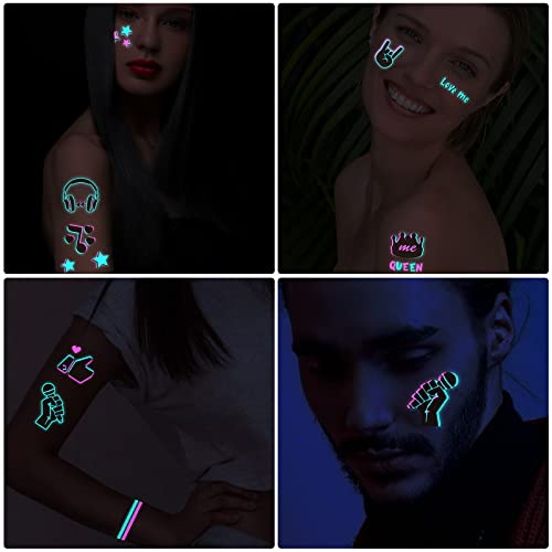 Konsait 10 Sheets Glow in the Dark Temporary Tattoos - Music Notes & Neon Designs