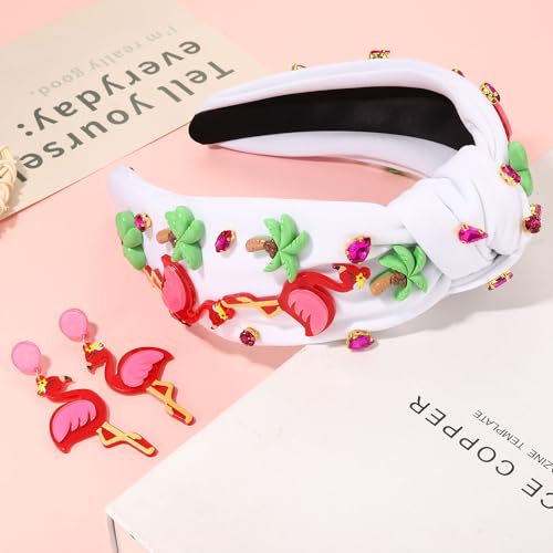 Flamingo Jeweled Boho Wide Top Knot Headband for Women